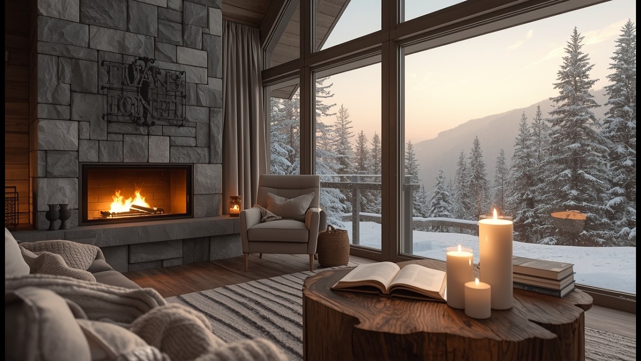 Snowy On Window & Fireplace Crackles in Cozy Living Room Ambience ❄️Gentle Piano for Calm and Relax