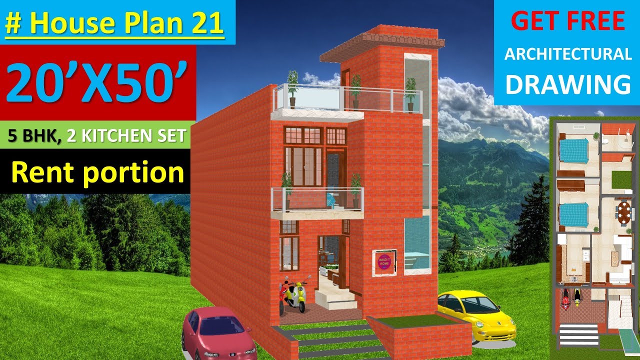(#21) 20X50 FEET HOUSE PLAN WITH CAR PARKING AND RENT PORTION {HINDI}