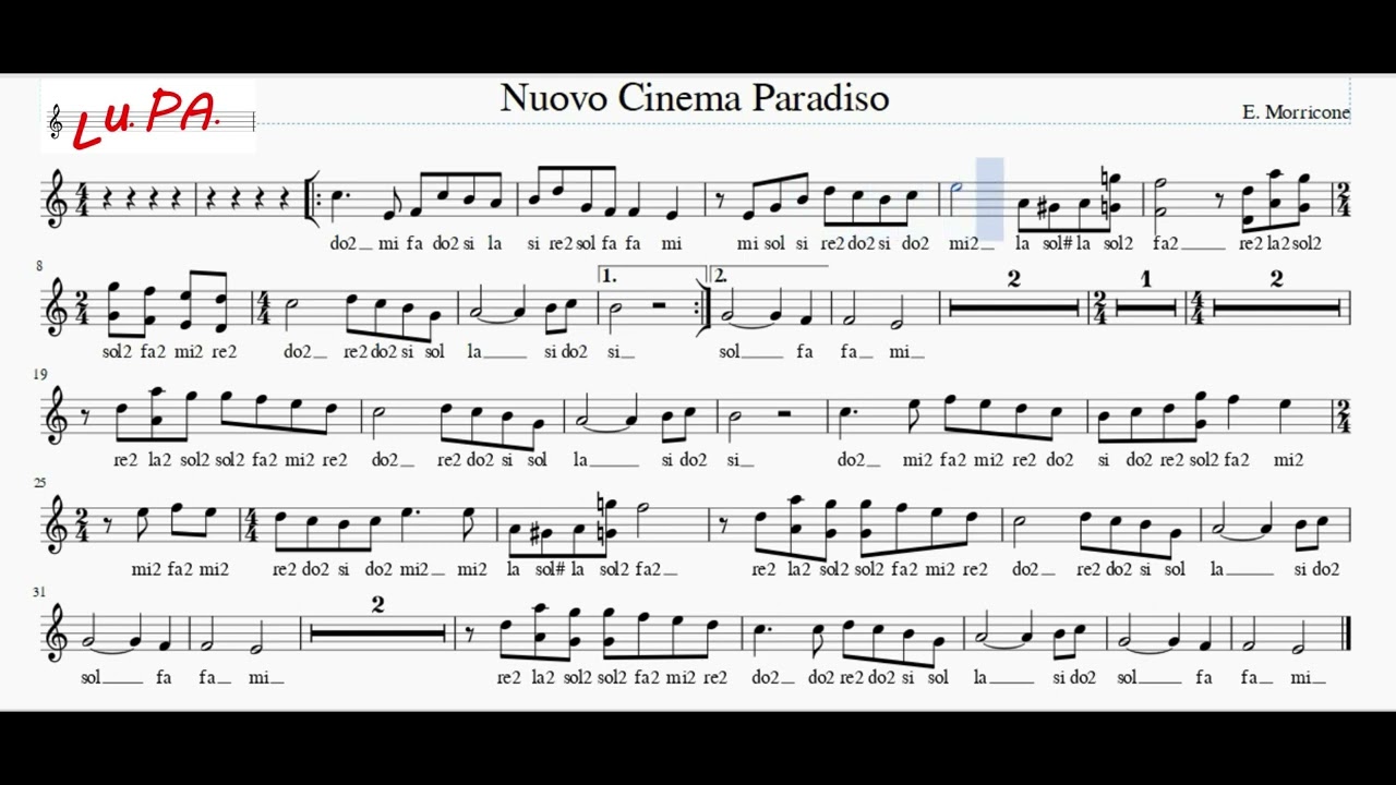 Nuovo Cinema Paradiso (Tema d' Amore) - Flauto - Note - Spartito - Karaoke - Instrumental - Canto -