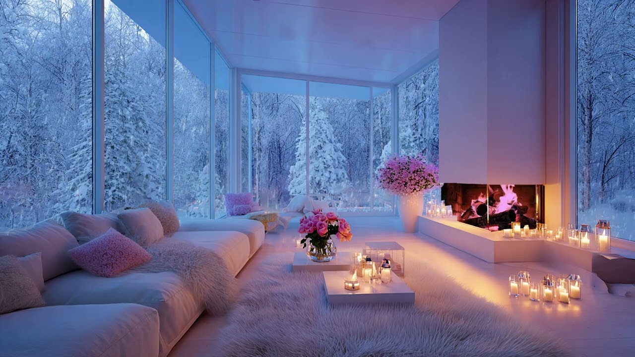 Peaceful Winter Night for Deep Sleep with Gentle Wind Outside and Warm Fireplace Crackling Inside