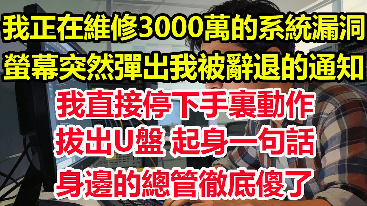 我正在維修3000萬的系統漏洞，螢幕突然彈出我被辭退的通知，我直接停下手裏動作，拔出U盤，起身一句話，身邊的總管徹底傻了#情感 #爽文 #職場 #生活 #總裁
