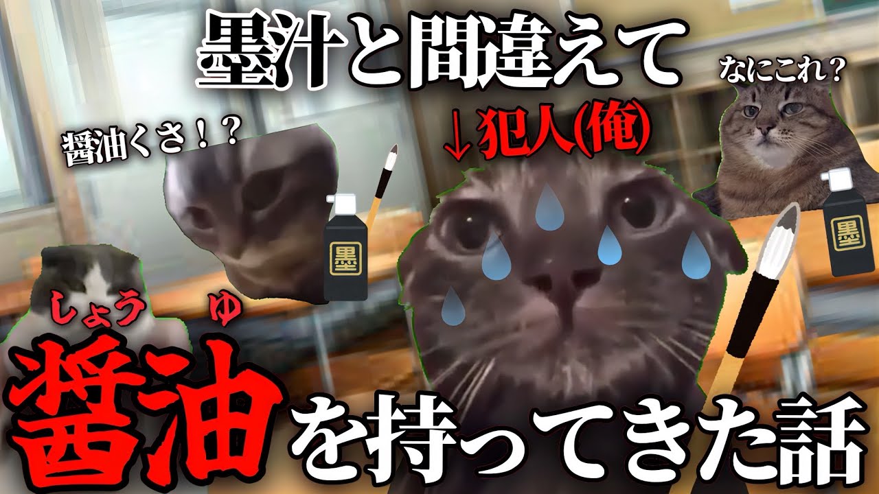 習字の授業で墨汁と間違えて醤油を持ってきた話【猫ミーム】