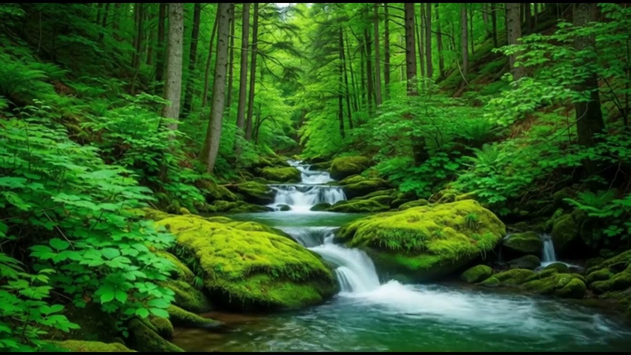 Music in the beautiful natural forest with flowing water relieves stress.
