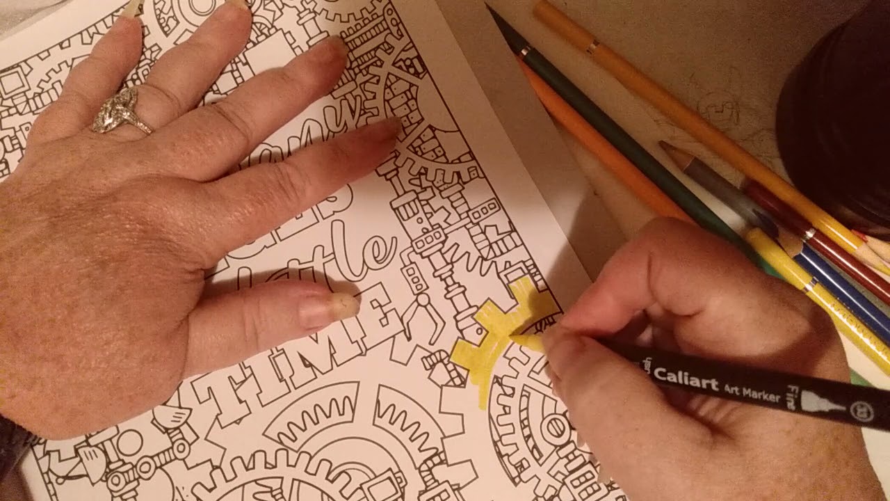 Coloring in the coloring book Confessions of a Coloring Addict.  No unbreakable pencil