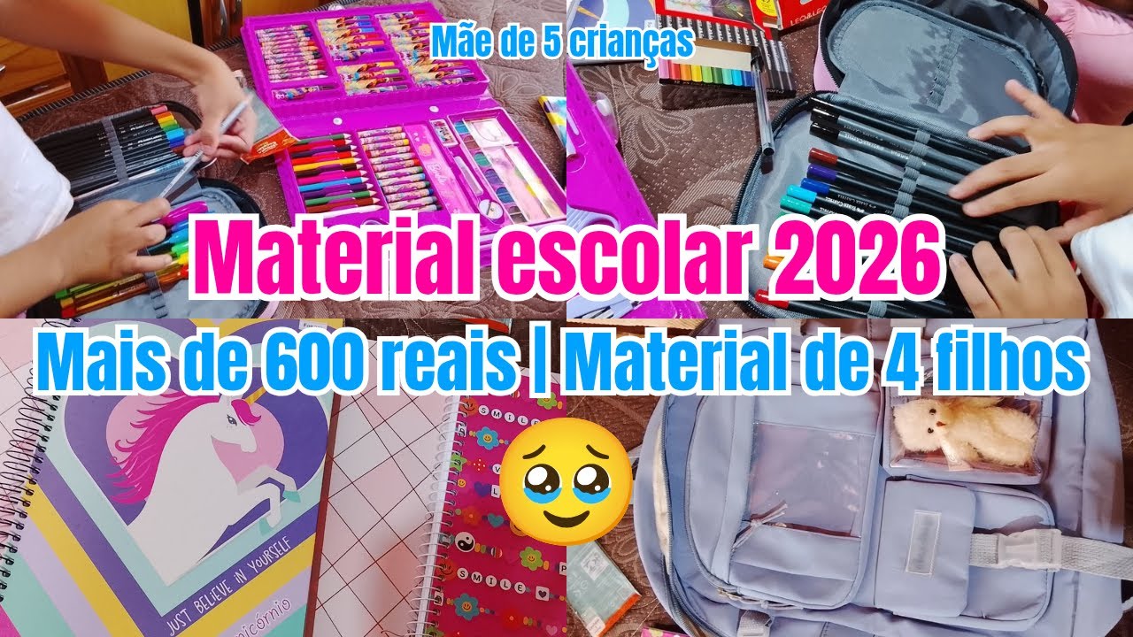 Material escolar 2026 | Material das minhas 4 crianças| + de 600 reais