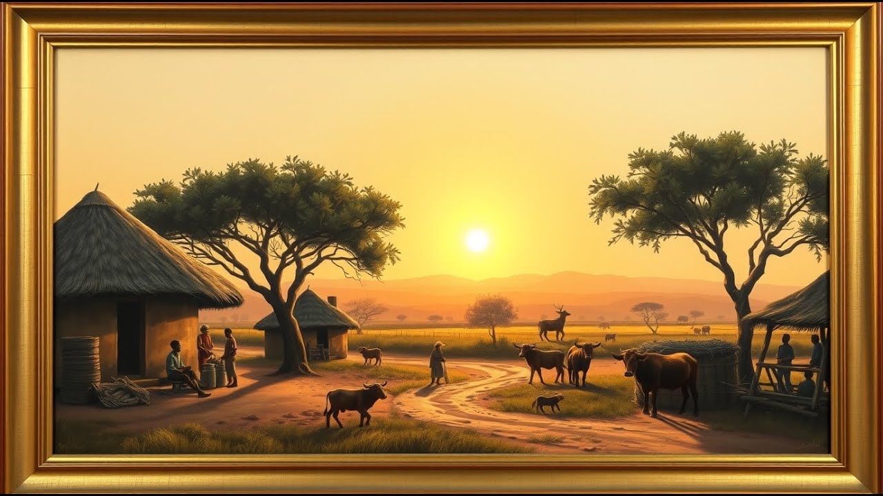 Warm African Village Sunset Oil Painting | Safari Lodge Frame TV Art