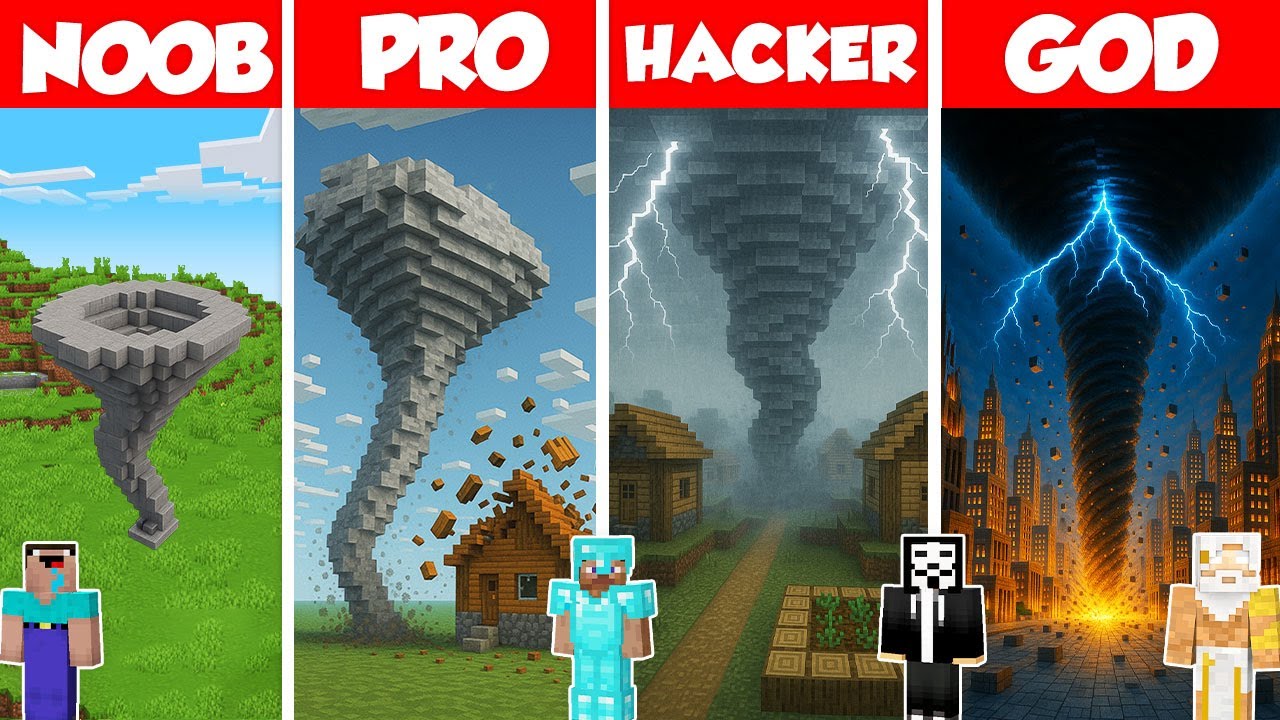 Tornado Build Battle Challenge - Noob vs Pro vs Hacker vs God - Minecraft Animation