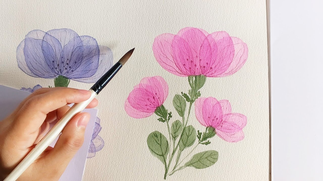 Transparent Layering Red-violet Flower with Watercolor | Flower Painting 🌸🎨
