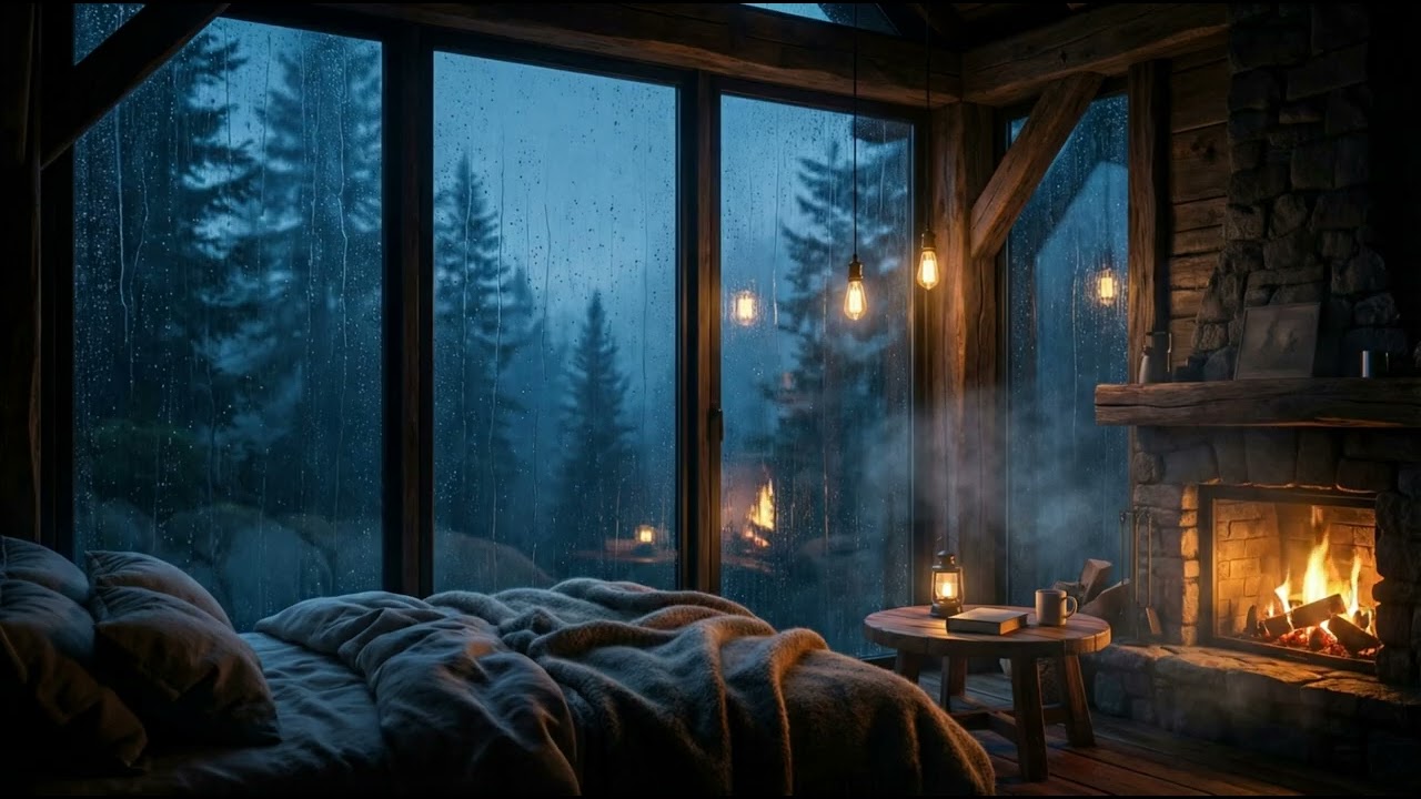 Cozy Rainy Night in a Wooden Cabin 🔥 Rain & Fireplace Sounds