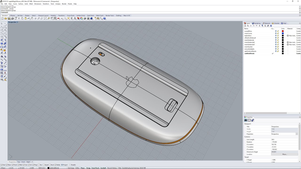 Apple Magic Mouse CAD sculpting exercise in Rhino.