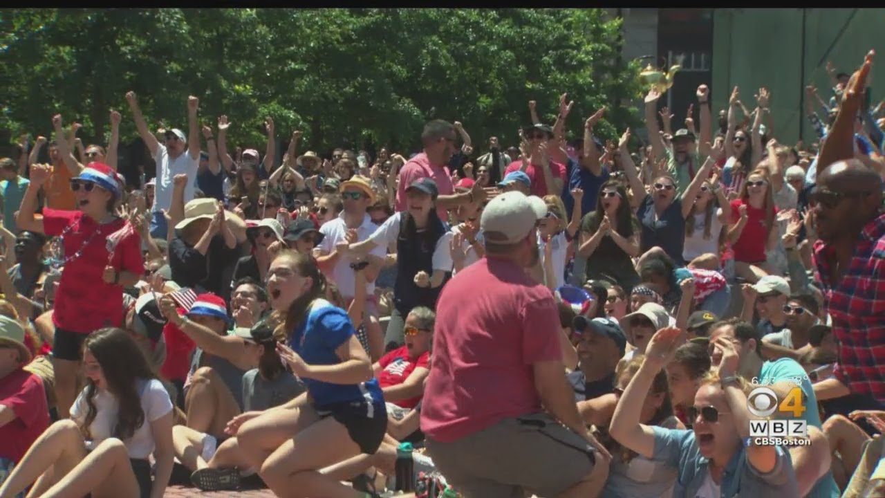 Fans Celebrate USWNT Win At Boston City Hall Plaza Watch Party