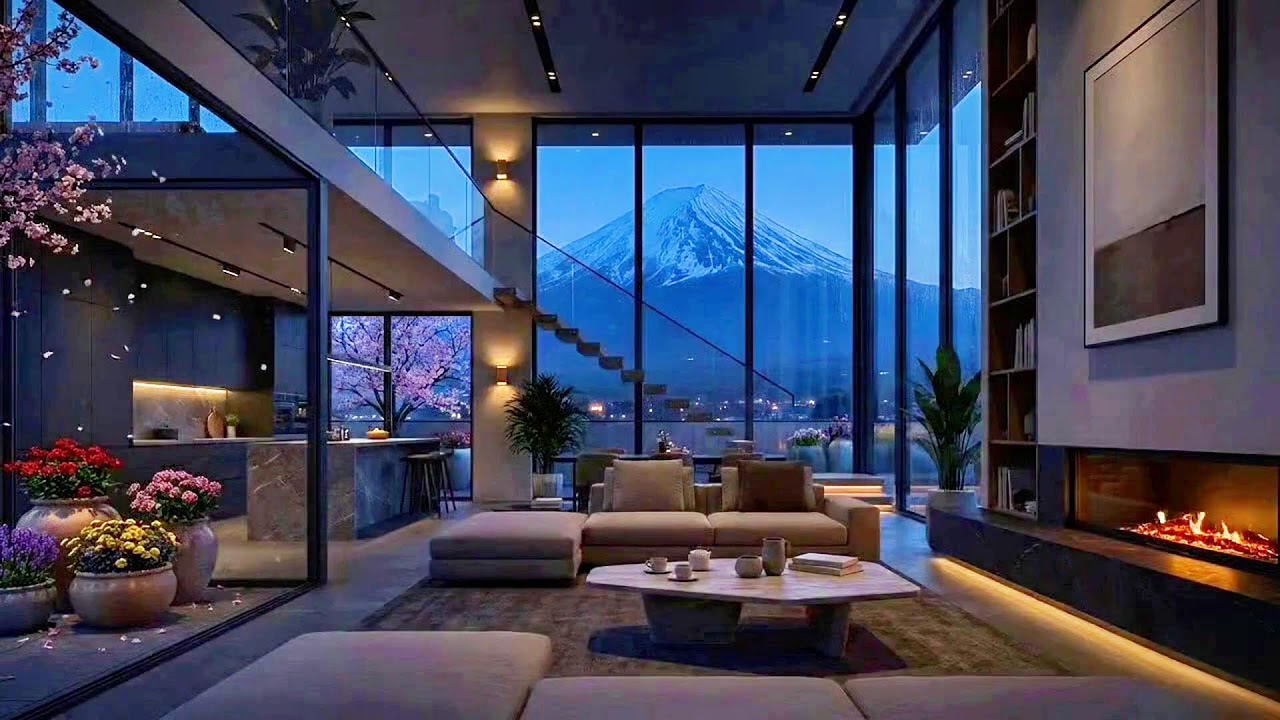 Peaceful Rainy at Luxury Penthouse Apartment ~  Gentle Jazz Piano Music For Study, Work