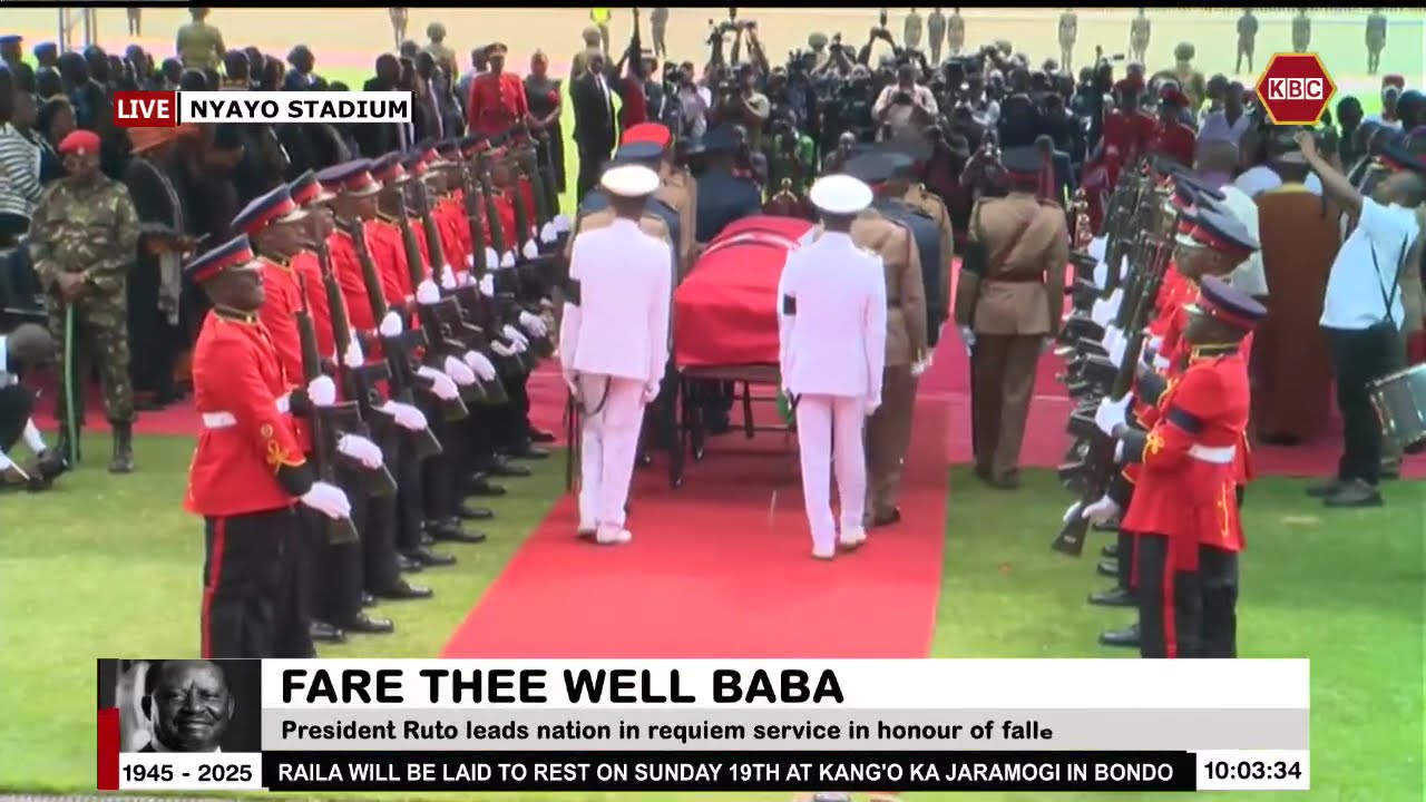 The military and clergy solemnly escort Raila’s body to the podium at Nyayo Stadium