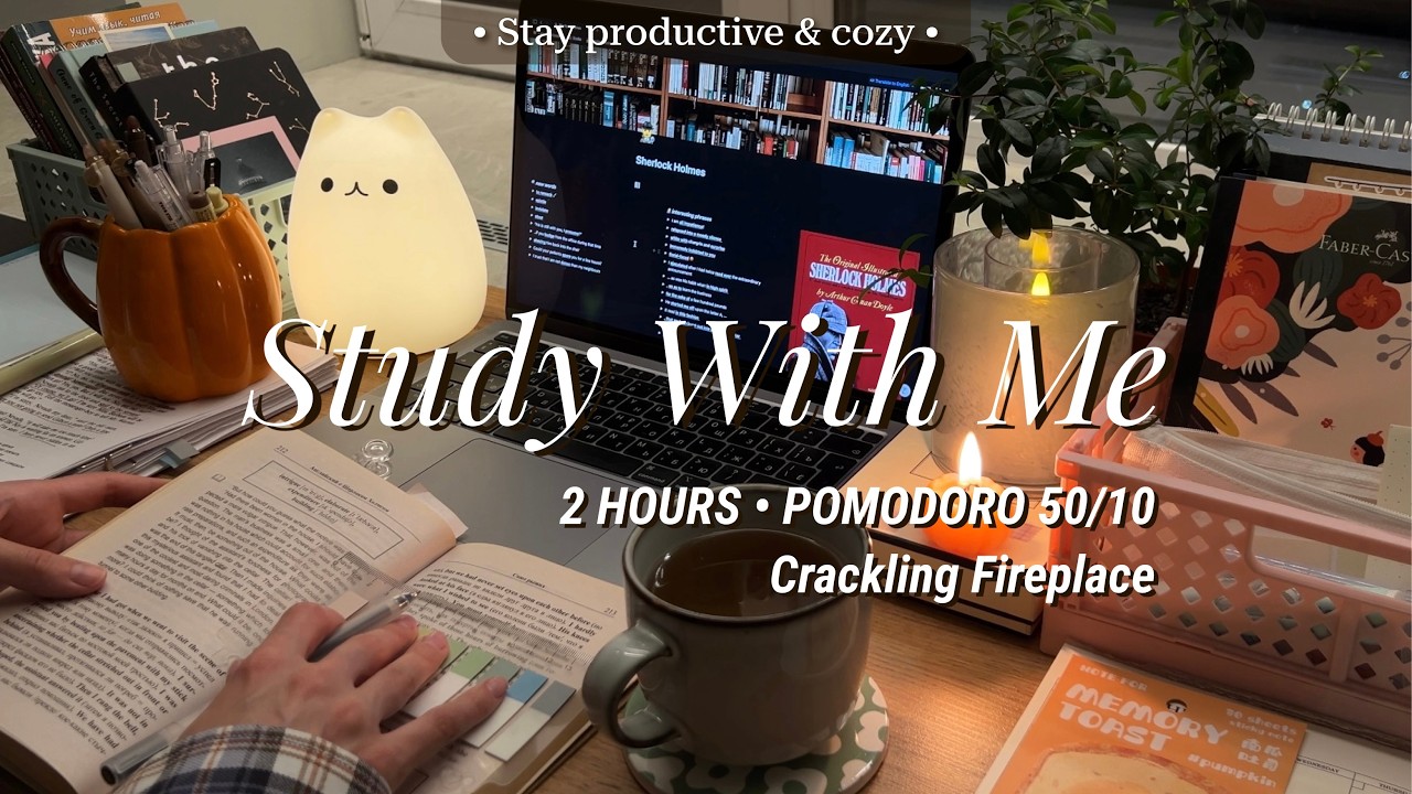 2-HR STUDY WITH ME 🪵 Crackling fireplace 📖 Cozy night reading [50/10 Pomodoro]