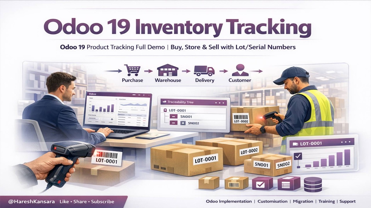 Odoo 19 Inventory Tracking Tutorial | Lot Numbers & Serial Numbers Full Workflow (Purchase → Sale)