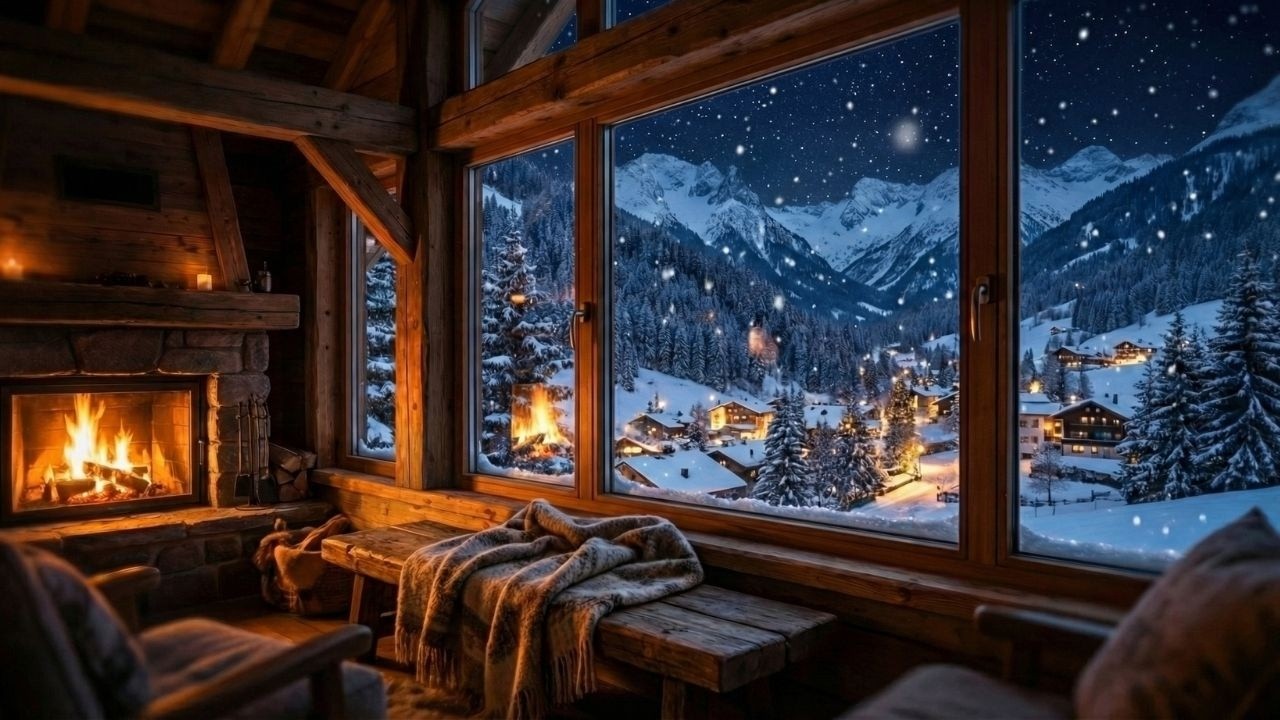Cozy Mountain Home with Snowy Village View ❄️ Gentle Wind & Fireplace Sounds | Sleep & Relax
