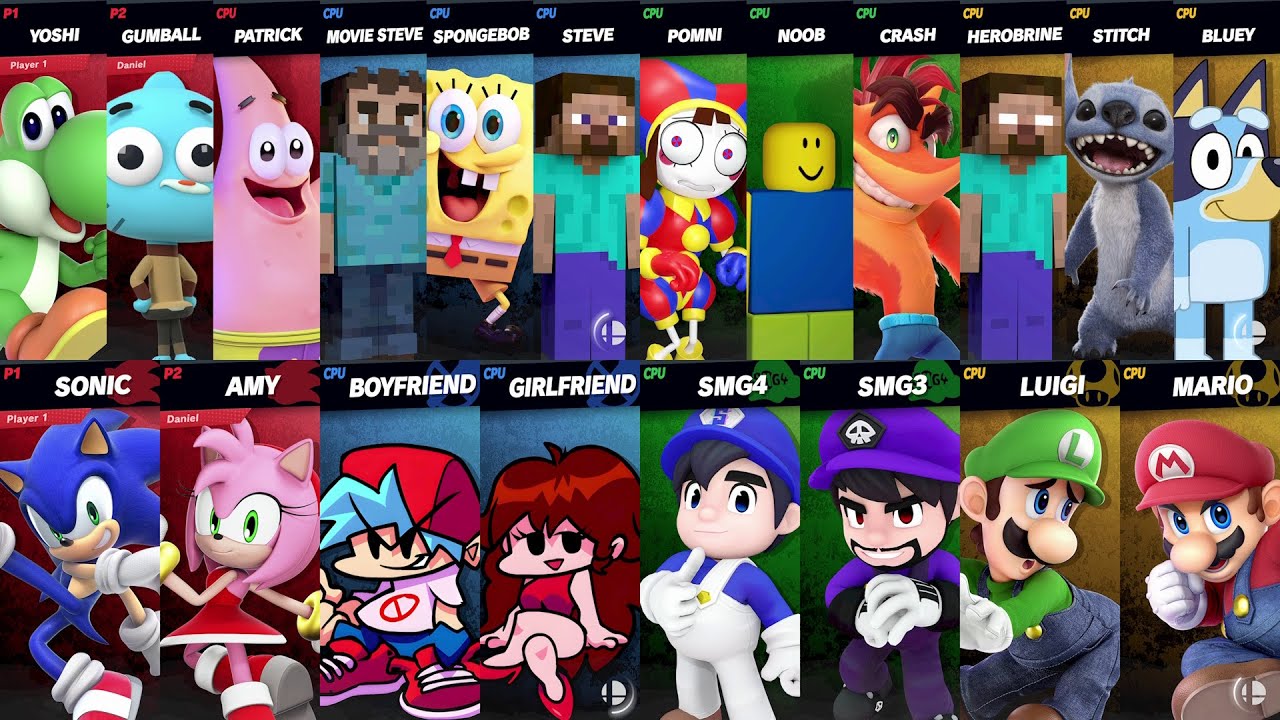 Sonic vs Mario vs Bluey vs SpongeBob vs Girlfriend vs Amy vs Roblox vs Minecraft | Super Smash Bros