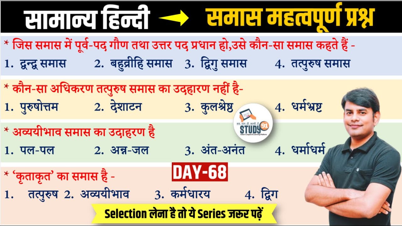 68. Samas Hindi Grammar: समास & उसके भेद | Short Tricks | Best Quiz in Hindi by Nitin Sir STUDY91
