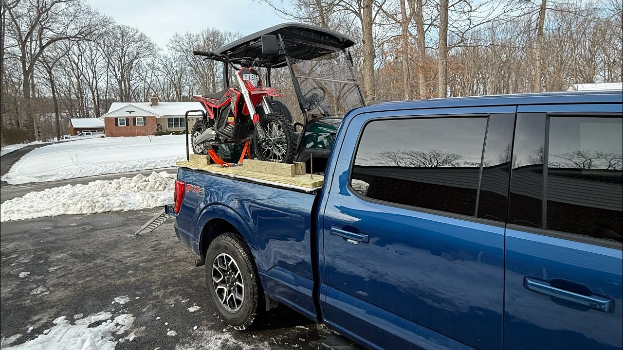 How to haul two dirt bikes, and one golf cart in the back of a truck!!!!!￼