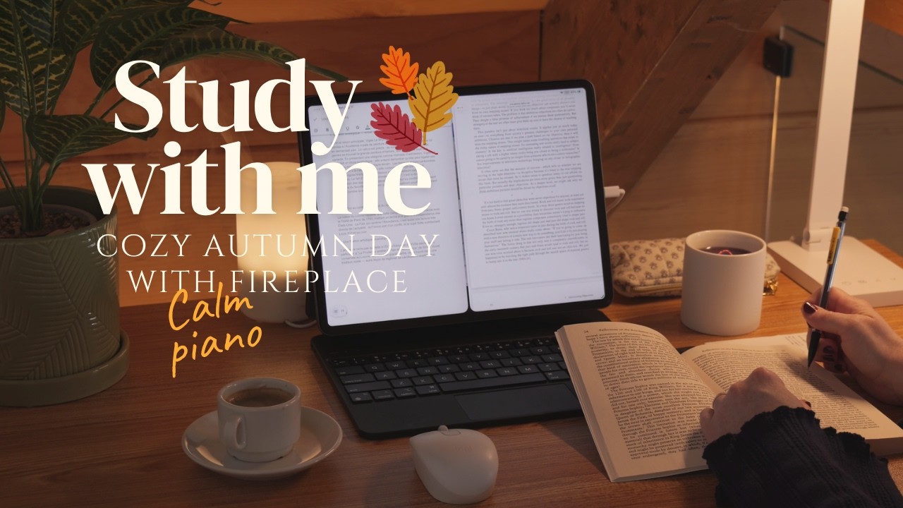 🍂 3-HOUR STUDY WITH ME Cozy Autumn Day | 🎹 Calm Piano Music | 🔥 Fireplace Ambience | Pomodoro 50/10