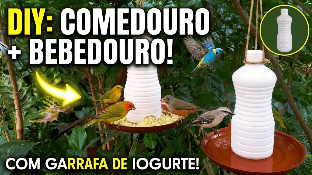 Ideia Genial com Garrafa de Iogurte: Comedouro e Bebedouro para P&aacute;ssaros-DIY