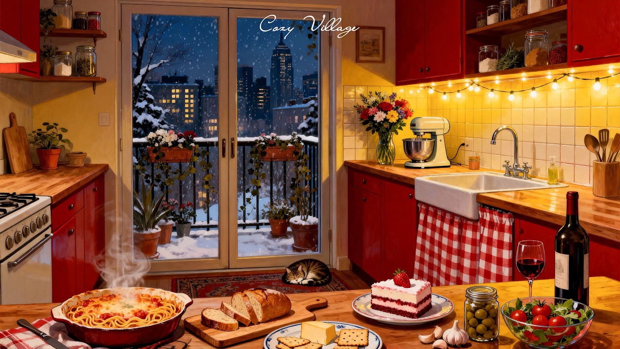 Valentine&rsquo;s 1950s Vintage Jazz Night 💕 Oldies Playing in Another Room | Snowy Fireplace Ambience