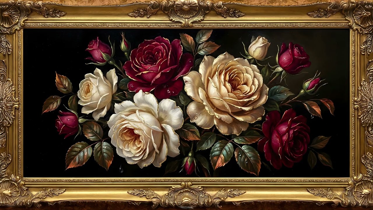 Luxury Gold Roses 4K | Black & Gold Frame TV Art | Elegant Floral Screensaver 2 Hours