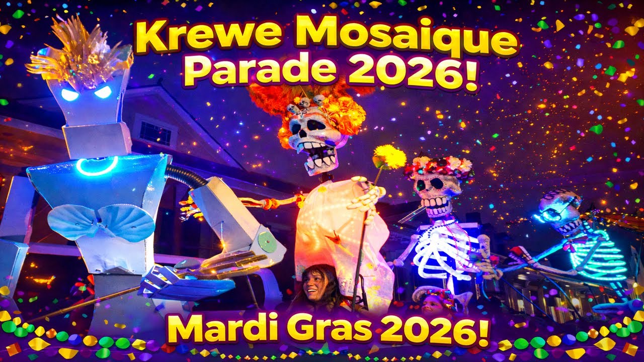 Парад Krewe Mosaique, Марди Гра 2026! Пешеходный парад во Французском квартале. Настоящее пиршест...