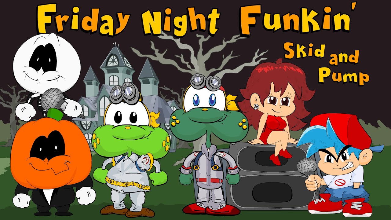 Friday Night Funkin com Skid e Pump em desenho animado contra os Sapo Brothers