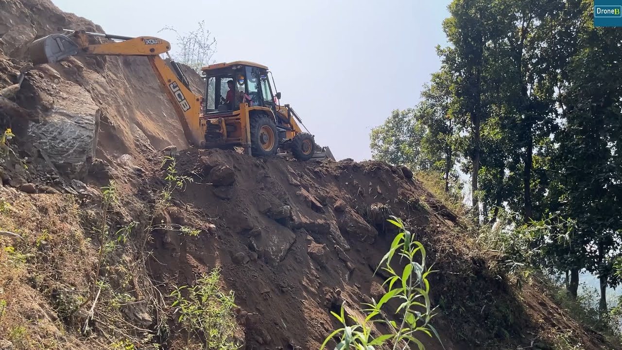 Unique Struggle!!! Huge Rock-Mountain Narrow Road Construction-JCB Backhoe