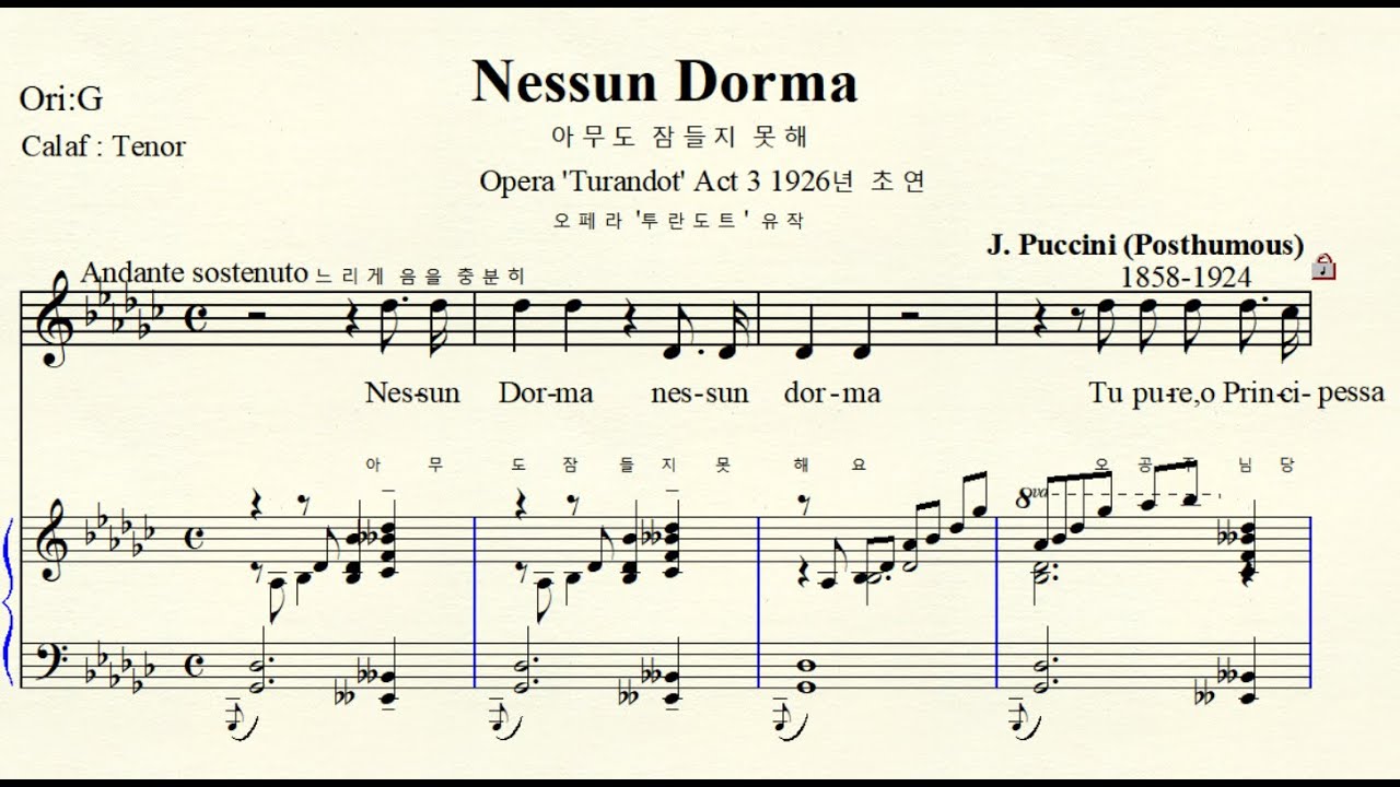 MR  6-29 Nessun Dorma 아무도 잠들지 말라 Puccini 푸치니 Gb major 내림사장조 Opera Turandot 투란도트 (For Middle & High)