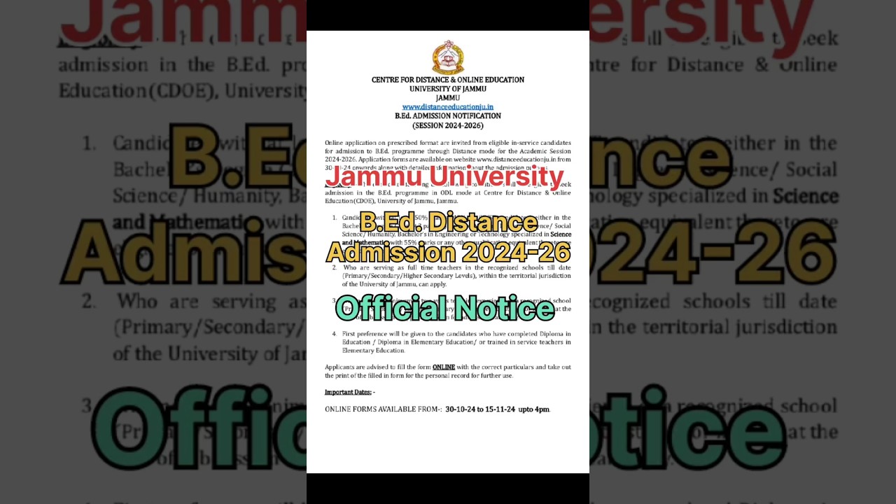 B.Ed. Distance Admission 2024-26 Start 😱//B.Ed. Admission Open//#jammuuniversity #admission #shorts