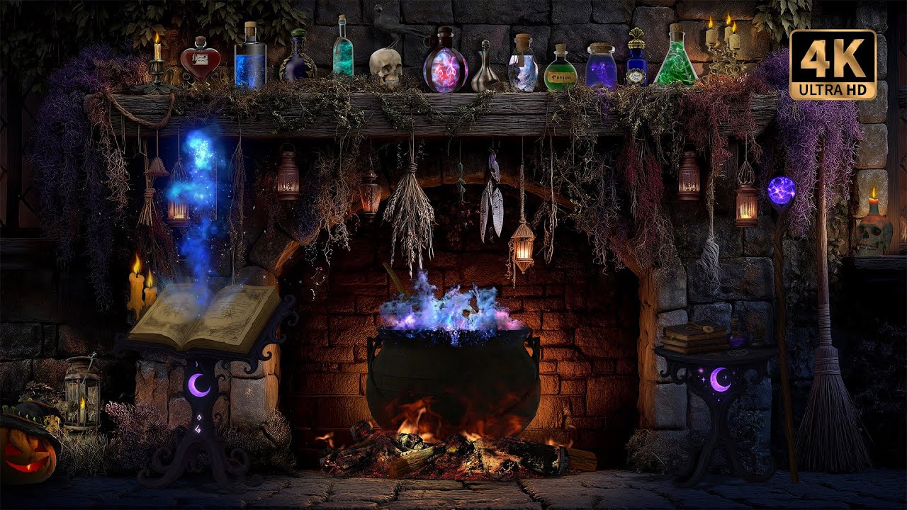 Witch’s Cauldron Halloween Fireplace 🧙‍♀️ Crackling Fire, Bubbling Cauldron & Magic Spells | 4K 🔥🪄