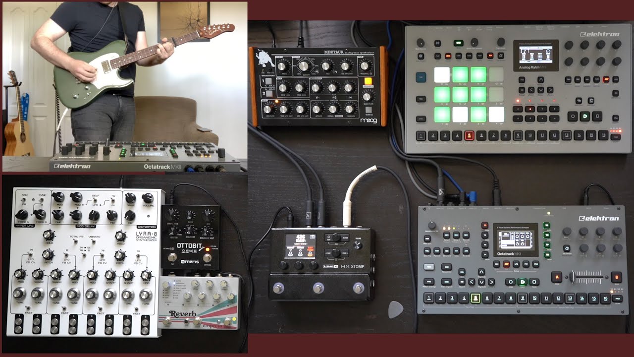 Hardware jam with Octatrack, Analog Rytm, sampled Lyra 8, Minitaur, and guitar