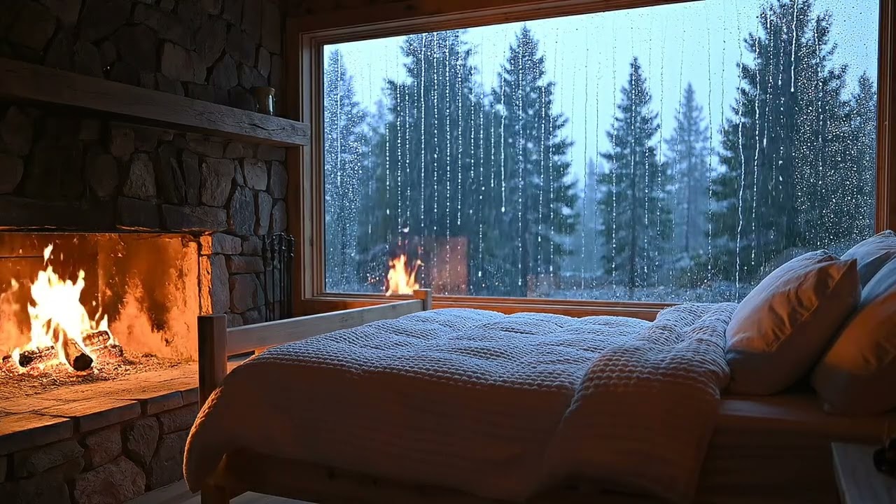 Fireplace Crackling Sounds | Gentle Rain Outside | Cozy Forest Cabin Sleep
