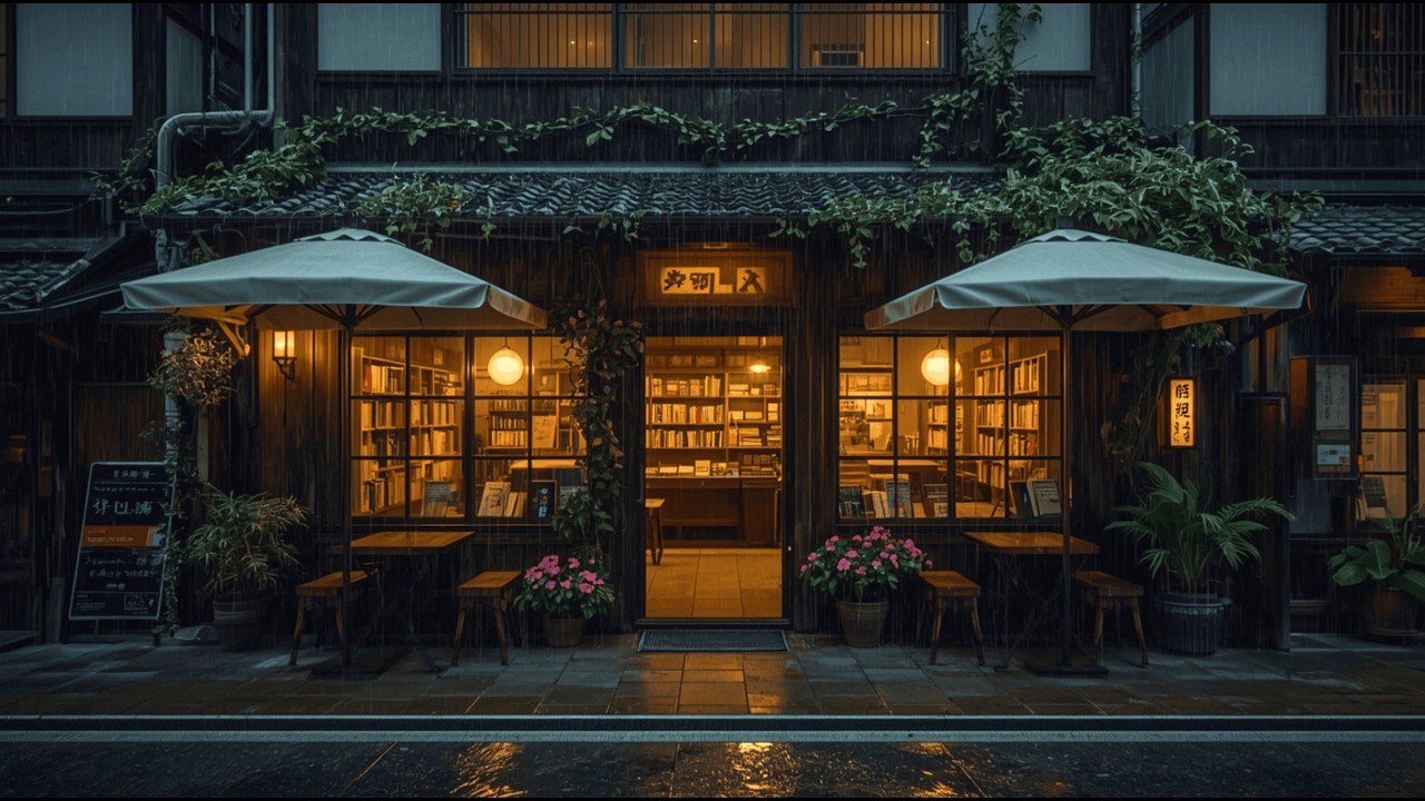 Japanese Rain Ambience 🌙 | Cozy Bookstore Café at Night