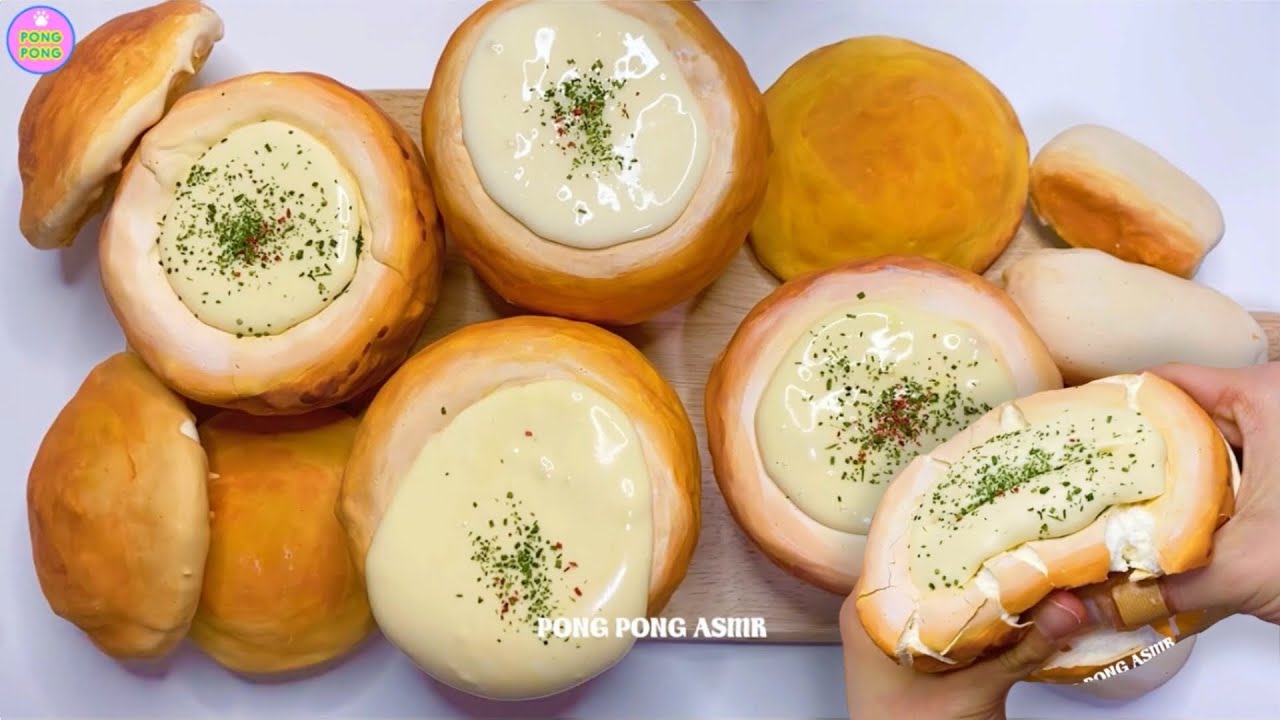 빠네 석고 점토 부수기 Cream Soup in Bread  plaster clay cracking クリームスープ 石膏クレイクラッキング no talking asmr