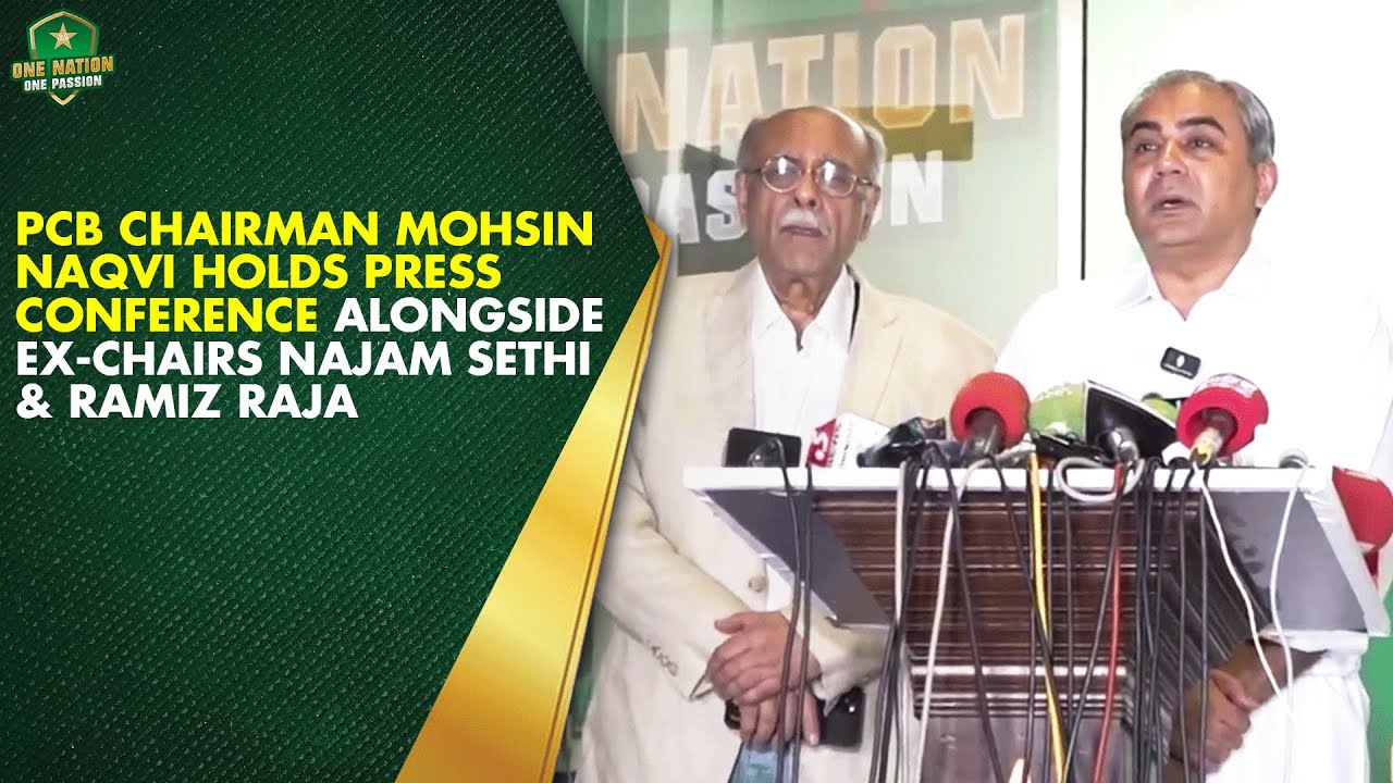 PCB Chairman Mohsin Naqvi holds press conference alongside ex-chairs Najam Sethi & Ramiz Raja