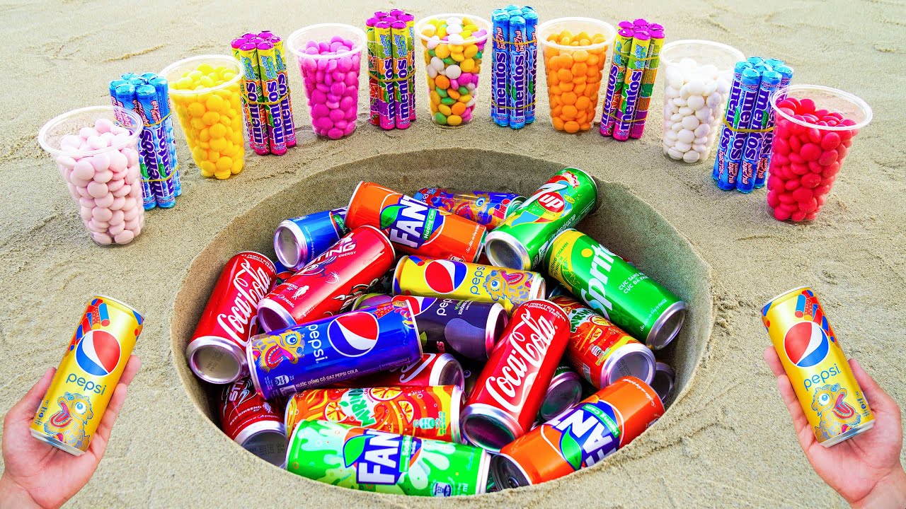 Different Mentos VS Pepsi, Coca Cola, Fanta, Sprite, Schweppes, Sting, Mirinda, 7up Underground