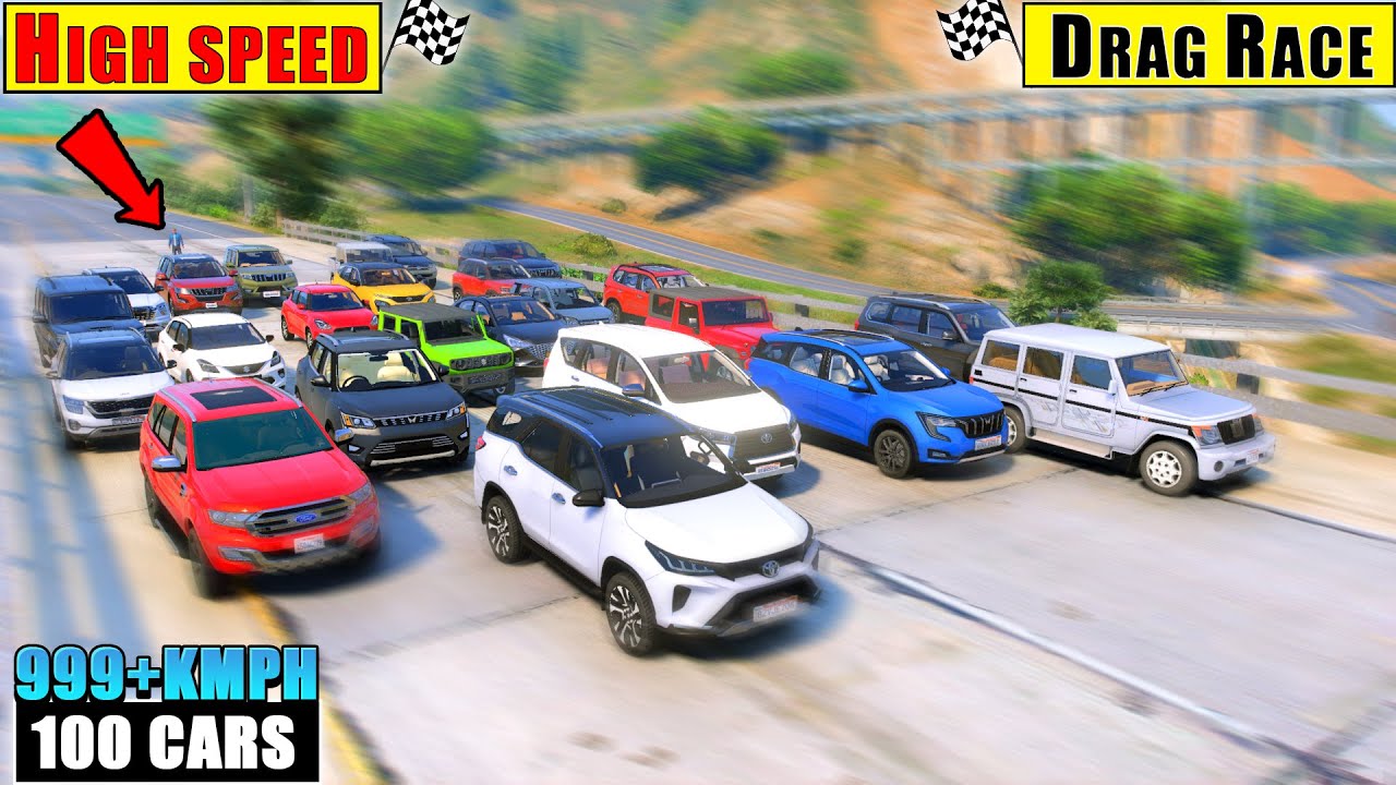 100 Indian Cars Vs High Speed 🏁 DRAG RACE 999kmph 😱 GTA 5 MODS!