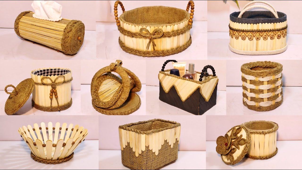 10 Ideas💡 of Basket with wooden sticks | Diy Rope Basket | Cardboard craft idea | Hamna Nadeem