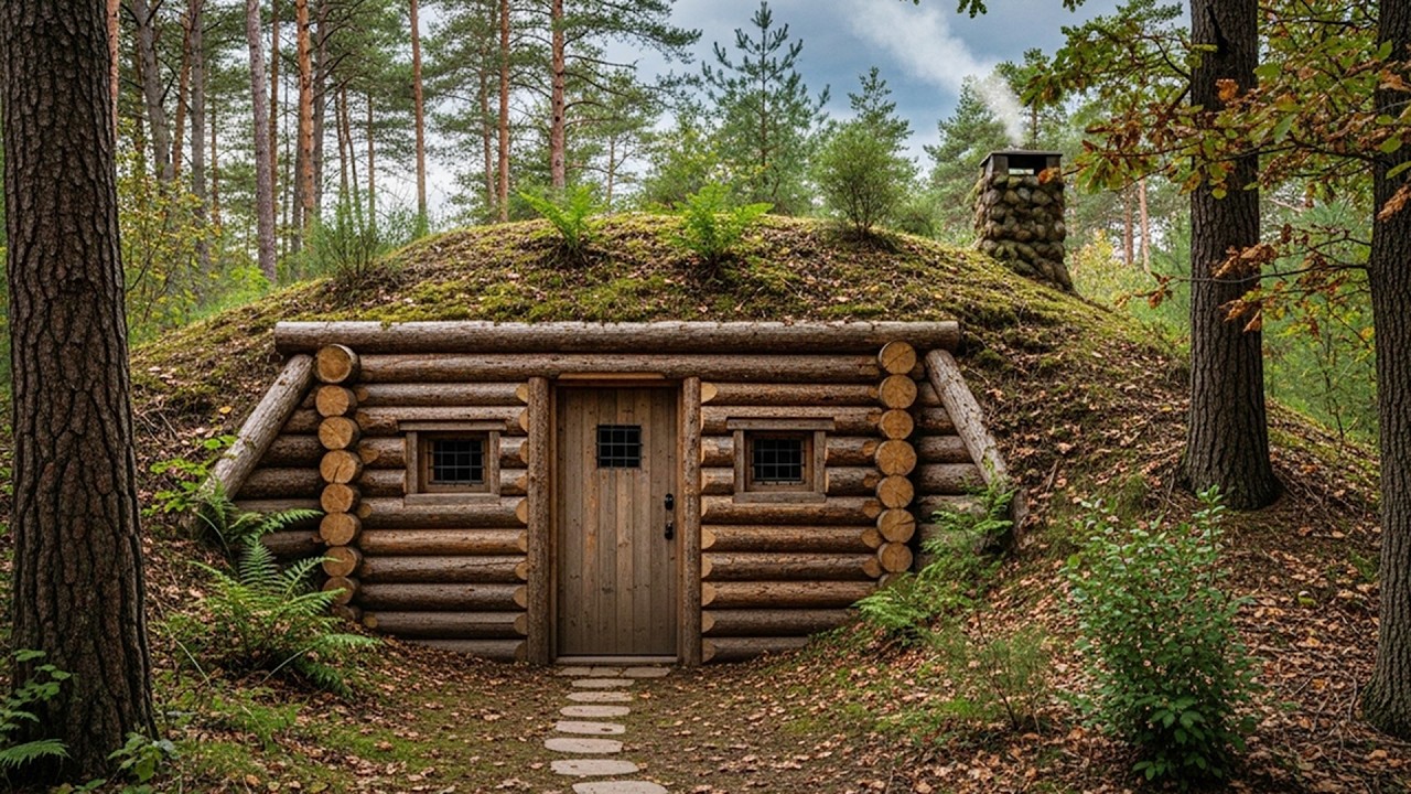 Building a Forest Bunker Log Cabin - Underground Shelter for Storm Survival