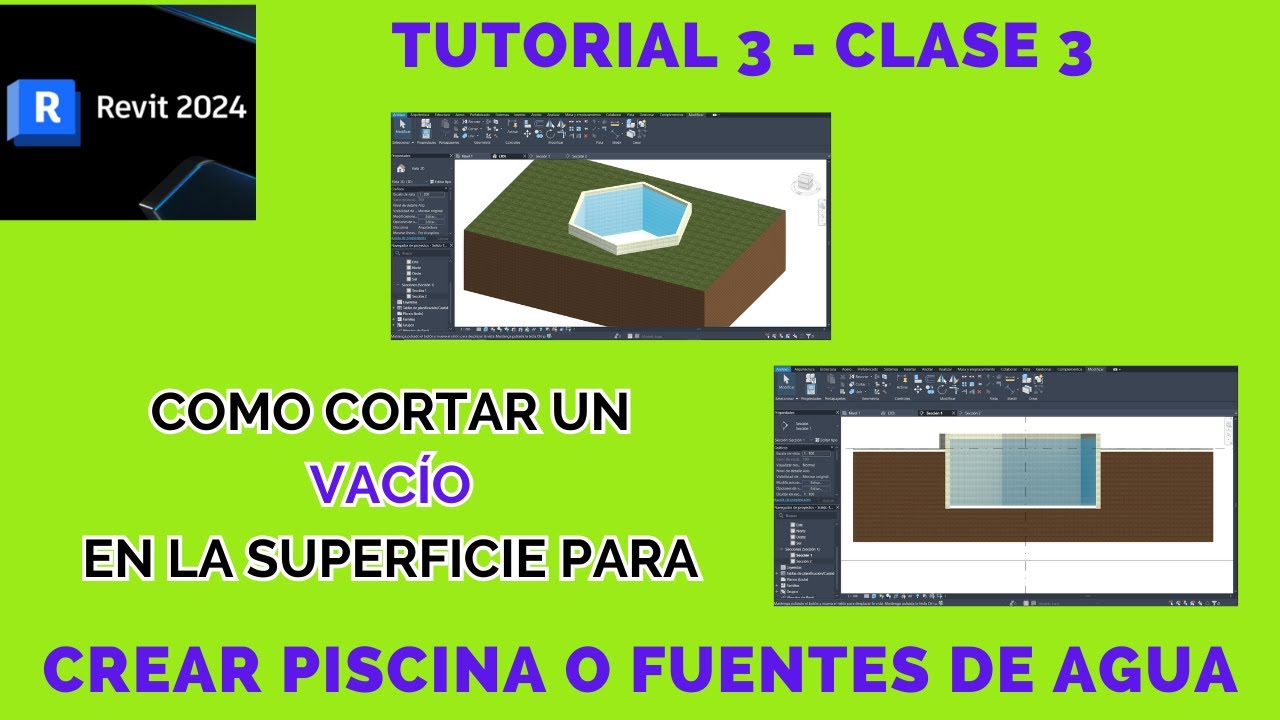 REVIT 2024 - Cómo CORTAR un VACÍO en Sólido Topográfico para crear una PISCINA o fuente de AGUA