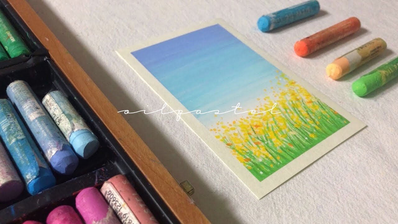 오일파스텔 초보, 유채꽃 봄 풍경화 쉬운 그림그리기 기초 oil pastel drawing, flower landscape