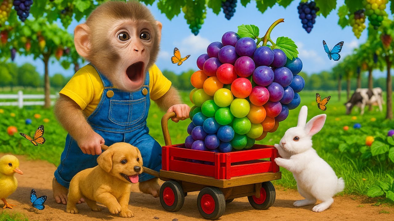 Macaco Bibi descobriu uvas arco-íris com o cachorro e o coelho