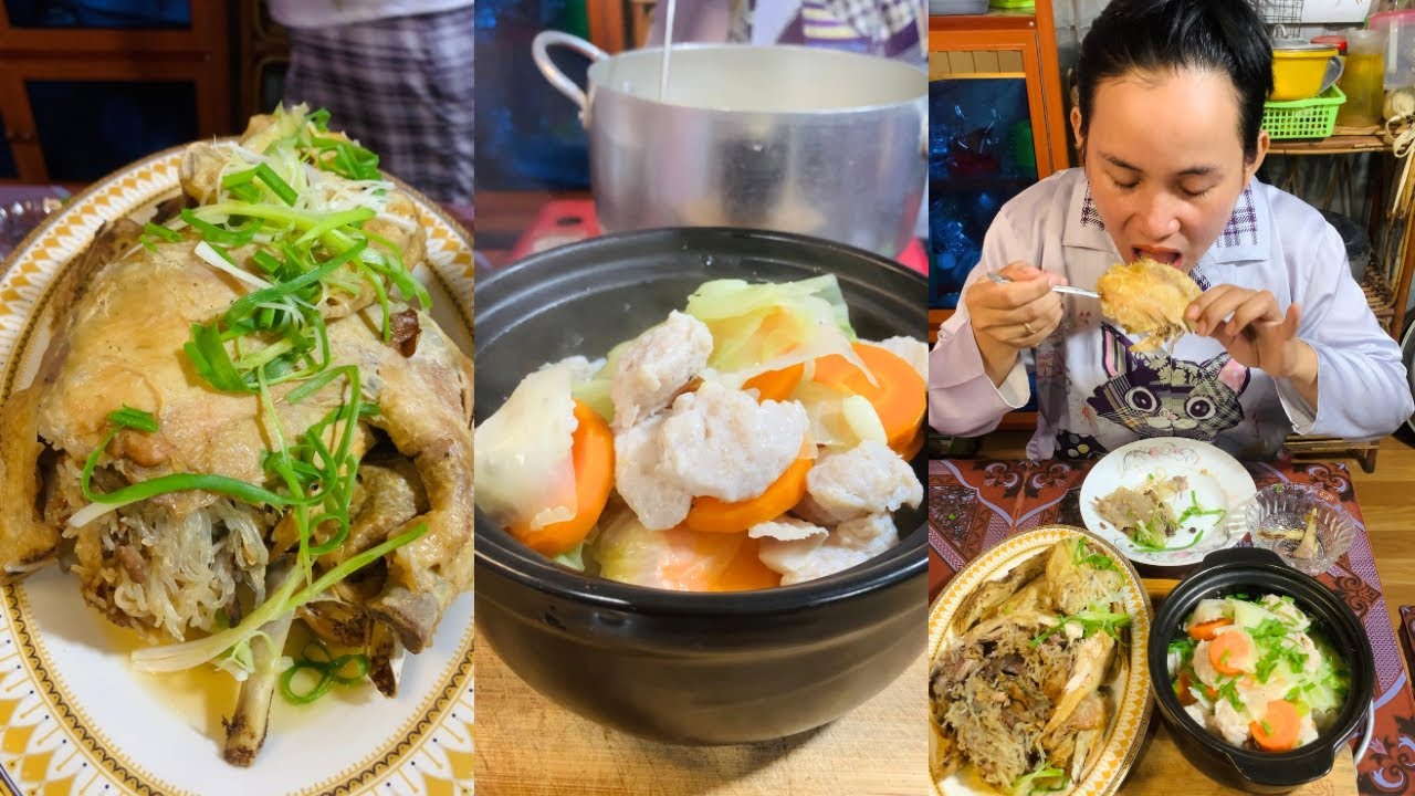 Eating Steamed Chicken with Fish Meatballs Soup 