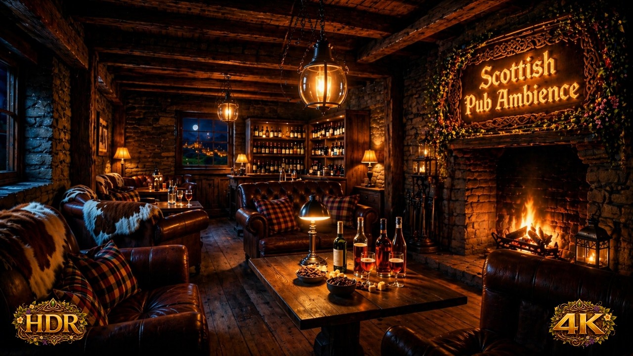 Cozy Scottish Fireplace Ambience, Irish Coastal Pub 4K | Calm Celtic Music For Relaxing Study Sleep