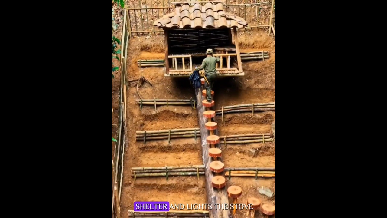 He Built a Hidden Hillside Shelter on a Fallen Tree @7Asian