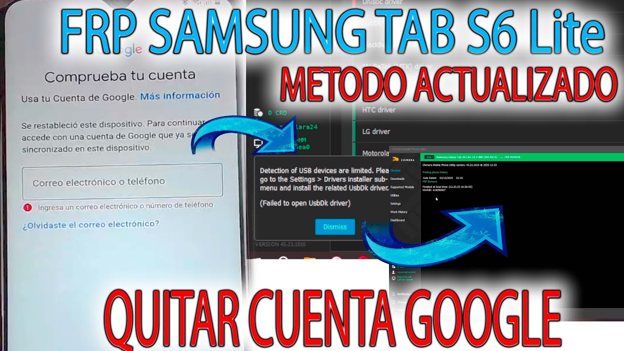 SOLUCION DRIVERS CHIMERA Y FRP SAMSUNG TAB S6 Lite QUITAR CUENTA GOOGLE METODO ACTUALIZADO P610