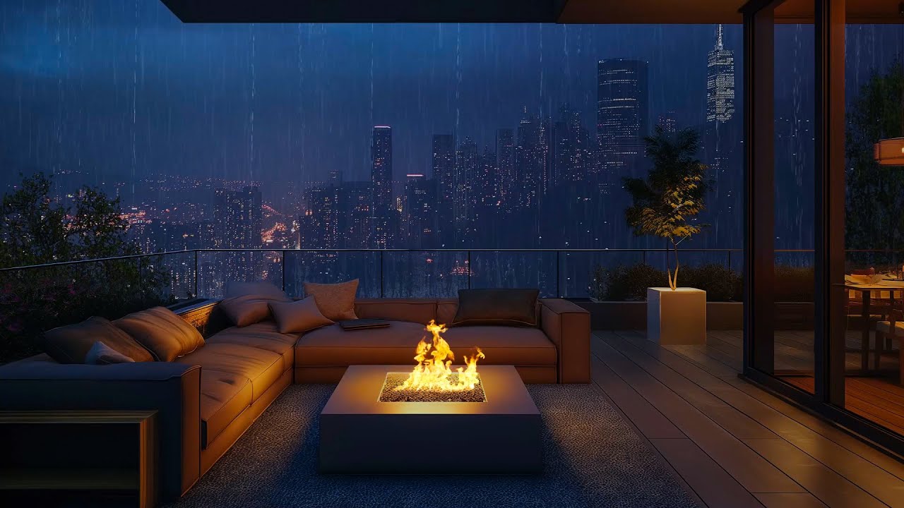 ⚡Cozy Balcony Ambience with City View - Fireplace, Rain Sounds For Deep Sleep, Healing Insomnia